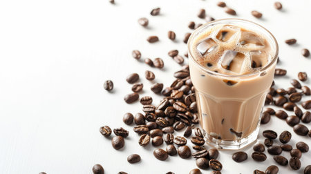 Iced latte coffee and coffee beans on a white background, perfect for coffee shop menusの素材
