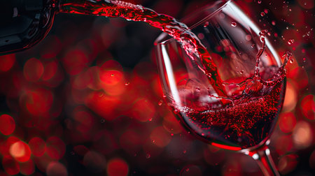 Macro view of red wine pouring into a glass, focusing on the elegant splash and color gradientの素材