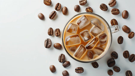 Latte ice coffee and coffee beans arranged on a pristine white surface, highlighting coffee enjoymentの素材