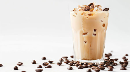Latte ice coffee garnished with coffee beans on a pristine white backdrop, perfect for cafe promotionsの素材