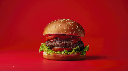 Gigantic hamburger showcasing its towering size against a vibrant red background, a feast for hungry eyesの素材