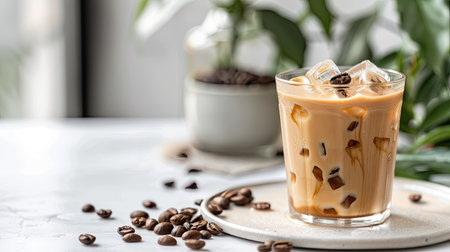 Iced latte coffee garnished with coffee beans on a pristine white tabletop, ideal for cafe promotionsの素材