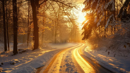 Idyllic winter road winding through a sunlit park landscape adorned with snow and sunlightの素材