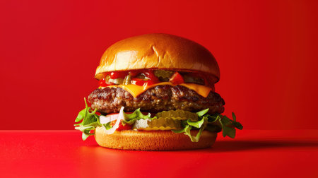 Huge hamburger showcasing its impressive height against a vibrant red backdrop, perfect for burger enthusiastsの素材