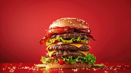 Impressive tall burger with layers of meat, cheese, and lettuce on a bold red background, ready to satisfy cravingsの素材