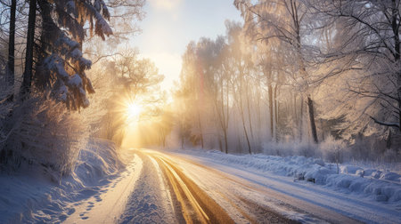 Peaceful winter scene of a road in a sunlit natural park covered in snow and frosty treesの素材