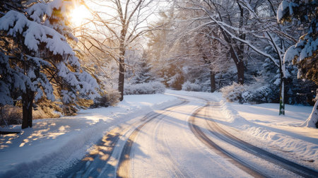 Picturesque snowy road winding through a sunlit park, capturing the essence of winter beautyの素材