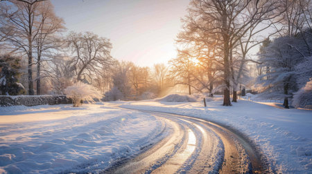 Picturesque winter scene with a road winding through a sunlit park covered in snow and frostの素材