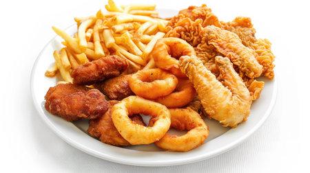 Plate filled with crispy onion rings, golden fries, chicken nuggets, and fried chicken, isolated for a mouthwatering visual displayの素材
