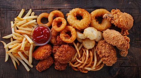 Top view of a mouthwatering assortment of onion rings, french fries, chicken nuggets, and fried chicken, arranged for visual appealの素材