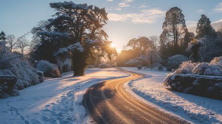 Picturesque winter scene with a road winding through a sunlit park covered in snow and frostの素材