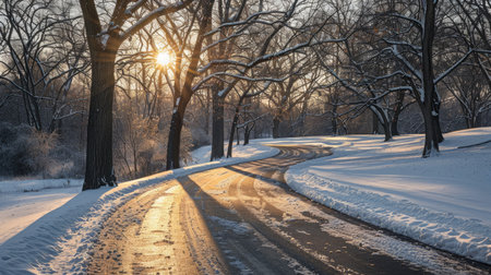 Peaceful winter scene of a road winding through a sunny park with snow-covered treesの素材