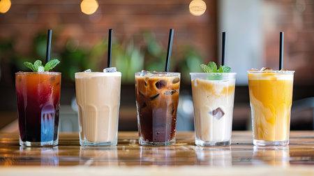 Selection of chilled coffee beverages in clear glasses with straws, emphasizing their cool and invigorating presentationの素材