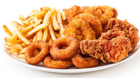 Plate of crispy onion rings, golden fries, chicken nuggets, and fried chicken, isolated against a white backgroundの素材