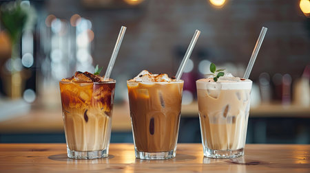 Three iced coffee drinks served in clear glasses with straws, highlighting their chilled and delightful presentationの素材