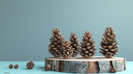 Rustic wooden podium decorated with pine cones on a serene blue background, suitable for eco-conscious themesの素材