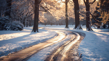 Picturesque snowy road winding through a sunlit park, capturing the essence of winter beautyの素材