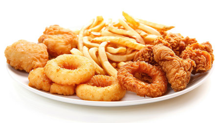 Plate of crispy onion rings, golden fries, chicken nuggets, and fried chicken, isolated against a white backgroundの素材
