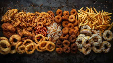 Top view of a mouthwatering assortment of onion rings, french fries, chicken nuggets, and fried chicken, arranged for visual appealの素材