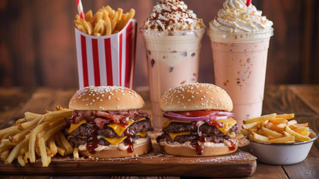Selection of popular fast food items including cheeseburgers, fries, and milkshakes, appealing to all tastesの素材