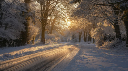 Peaceful winter scene of a road in a sunlit natural park covered in snow and frosty treesの素材