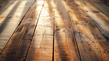 Rugged timber planks in sunlight, creating a warm and inviting atmosphereの素材