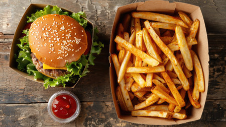 Top view of a tasty hamburger and crispy potato fries in disposable containers, ready for enjoymentの素材