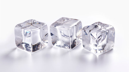 Three transparent ice cubes isolated on white, highlighting their clarity and suitability for chilled drinksの素材