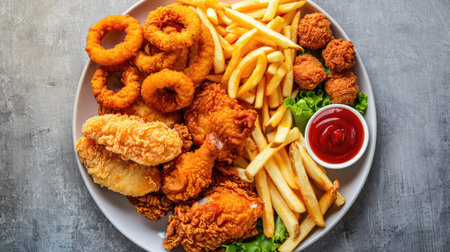 Top view of a tempting plate with onion rings, french fries, chicken nuggets, and fried chicken, ideal for fast food enthusiastsの素材