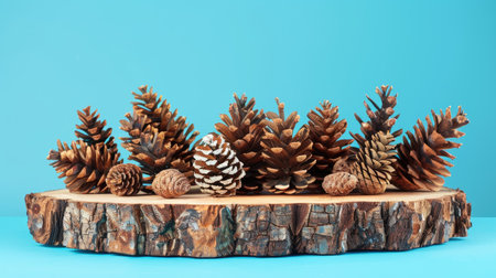 Wooden cut podium with assorted fir cones arranged on a vibrant blue backdrop, ideal for seasonal presentationsの素材