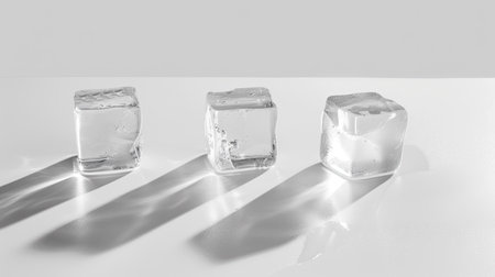 Three perfectly clear ice cubes on a clean white surface, highlighting their role in cooling beveragesの素材