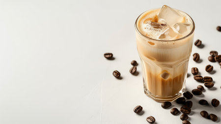 Refreshing latte ice coffee served with coffee beans on a minimalist white backgroundの素材