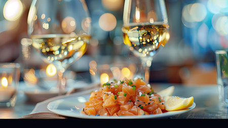 Serving of raw salmon tartare with toast sauce, lemon wedges, and a glass of white wine, set against a blurred background of a sophisticated restaurantの素材