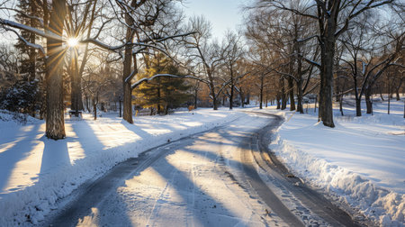 Snow-covered road winding through a sunny park, creating a peaceful winter landscapeの素材