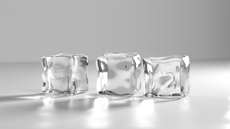 Three transparent ice cubes on a clean white surface, perfect for showcasing the coolness of refreshing drinksの素材