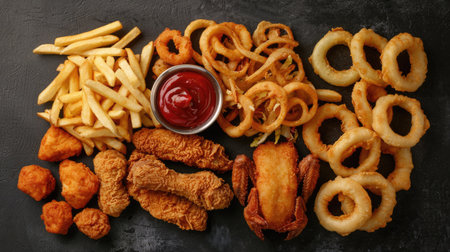 Top view of a mouthwatering assortment of onion rings, french fries, chicken nuggets, and fried chicken, arranged for visual appealの素材