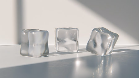 Three refreshing ice cubes in a clean, minimalist setting, perfect for illustrating coolness and purityの素材