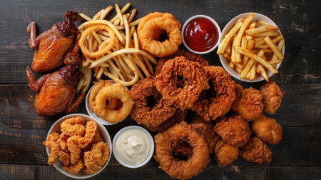 Top view of a mouthwatering assortment of onion rings, french fries, chicken nuggets, and fried chicken, perfect for food loversの素材