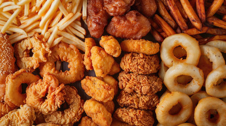Top view of a mouthwatering assortment of onion rings, french fries, chicken nuggets, and fried chicken, arranged for visual appealの素材