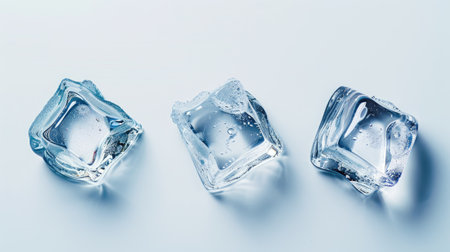 Transparent ice cubes arranged in a trio on a white background, emphasizing their clarity and cooling propertiesの素材