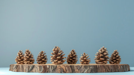 Rustic wooden podium with pine cones arranged on a calming blue background, suitable for eco-conscious designsの素材