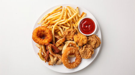 Top view of a tempting plate featuring onion rings, french fries, chicken nuggets, and fried chicken on a pristine white backdropの素材