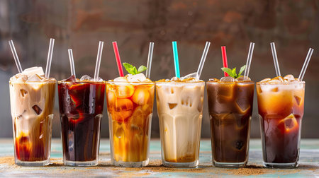 Variety of iced coffee beverages in clear glasses with straws, showcasing different flavors and refreshmentの素材