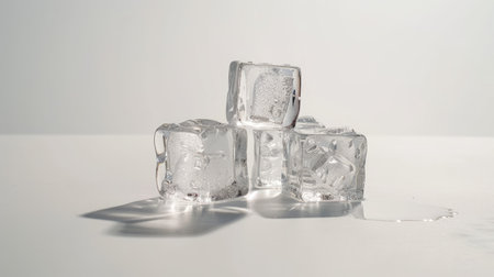 Transparent ice cubes arranged in a trio, isolated against a white surface, perfect for cold drink visualsの素材
