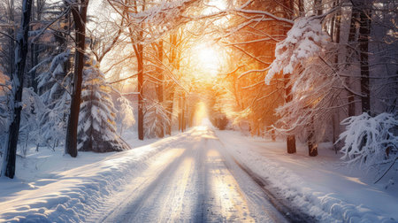 Tranquil winter road surrounded by snowy trees and sunlight in a serene natural park settingの素材