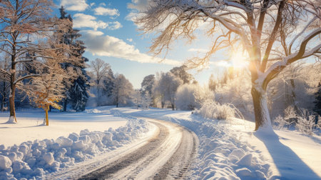 Tranquil winter landscape with a winding road through a sunny park covered in fresh snowの素材