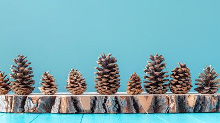 Wooden cut podium with assorted fir cones arranged on a vibrant blue backdrop, ideal for seasonal presentationsの素材