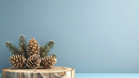 Wooden podium adorned with seasonal fir cones on a minimalist blue backdrop, emphasizing natural beautyの素材