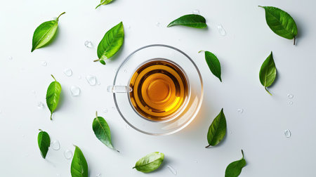 Glass cup of aromatic tea and green leaves scattered on white backgroundの素材