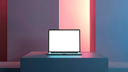 Minimalist design with a laptop on a podium displaying a white screen for brandingの素材